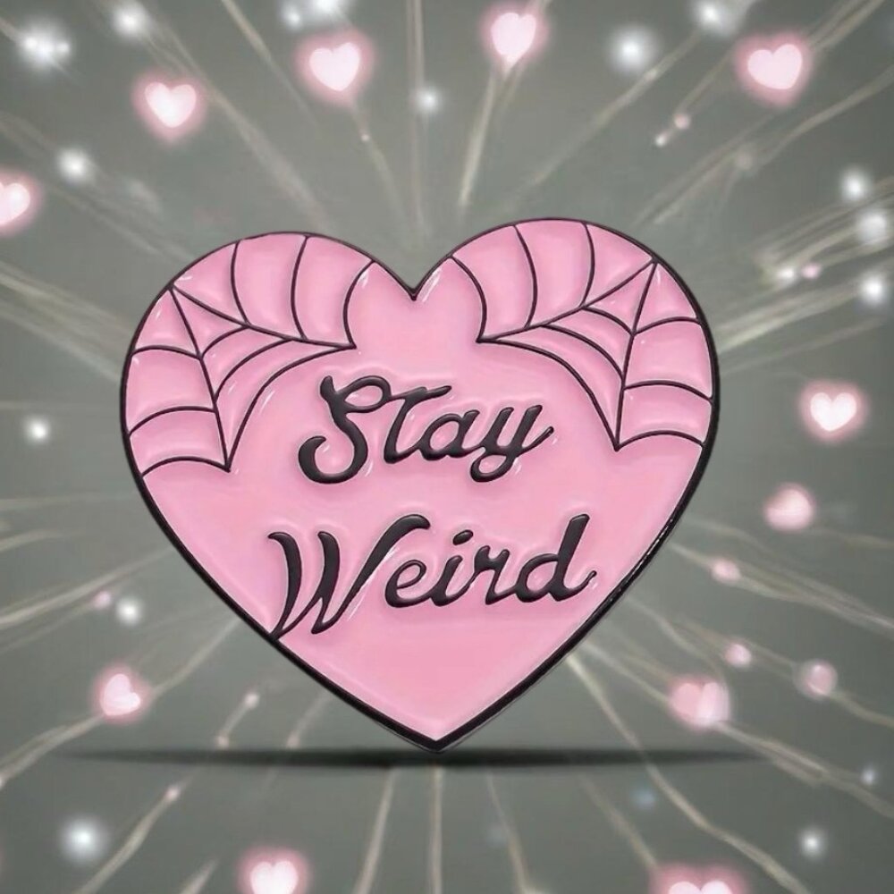 Stay Weird NEW Pin Brooch Pink Enamel Black Metal Spiderweb Fun Spooky Goth NWT